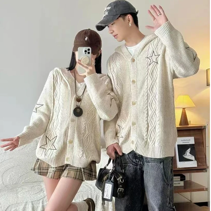 【两件装】情侣装一男一女秋冬季韩版连帽慵懒风加厚彩点毛衣针织衫