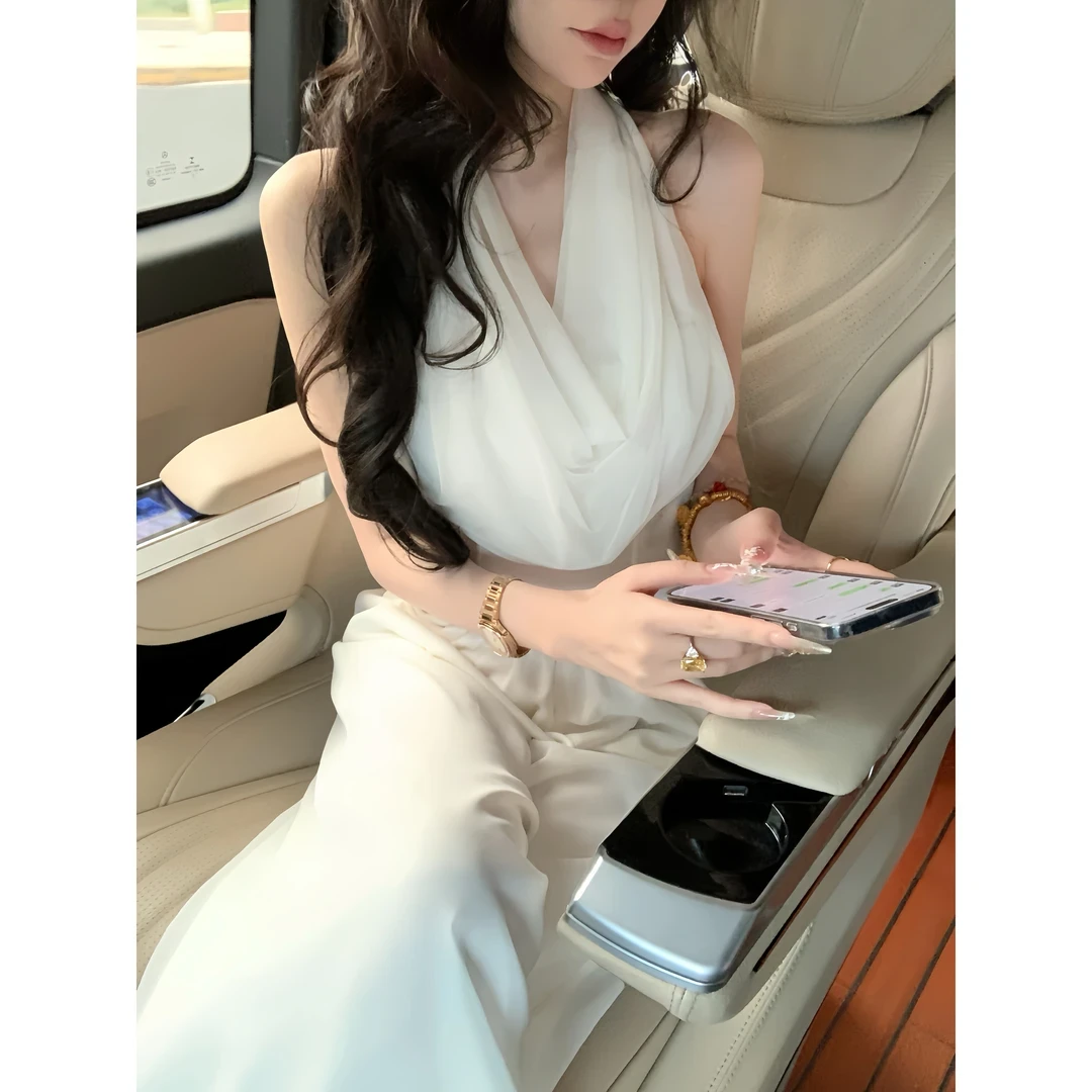 天山暮雪 挂脖上衣雪纺长裤时尚两件套小众设计时尚气质显瘦高级