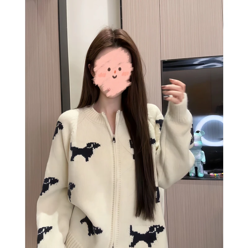 韩系卡通小狗提花双头拉链针织开衫女秋冬季慵懒百搭减龄毛衣外套