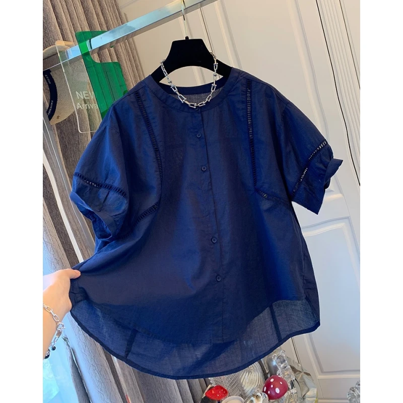 设计感绝美蕾丝镂空藏青色短袖衬衫宽松薄款独特漂亮上衣女夏薄款