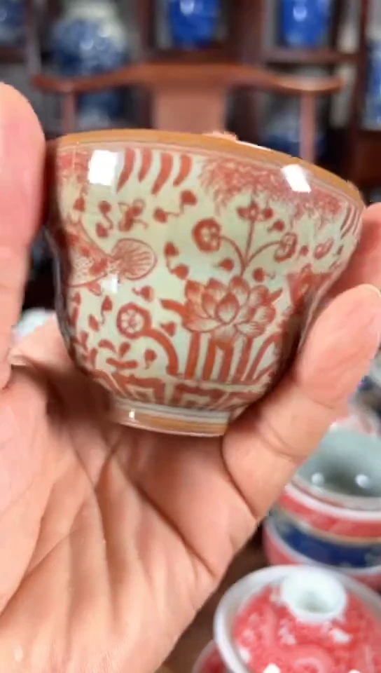柴窑老陶泥釉里红鱼藻纹福禄杯瑕疵