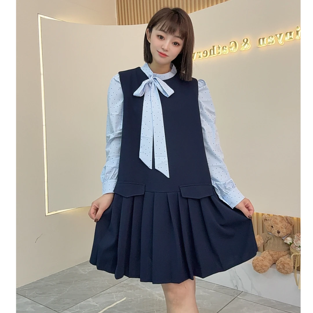 【木果甄选】通勤时尚连衣裙海军时尚春秋显瘦jk背心真两件学院风