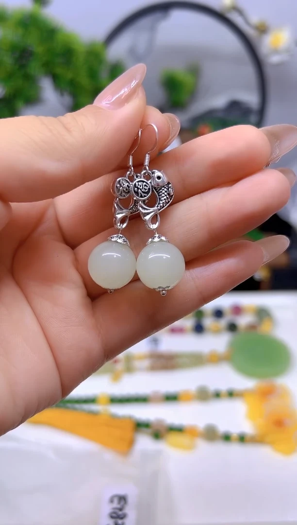 和田玉（白玉）银S925镶嵌耳饰E783