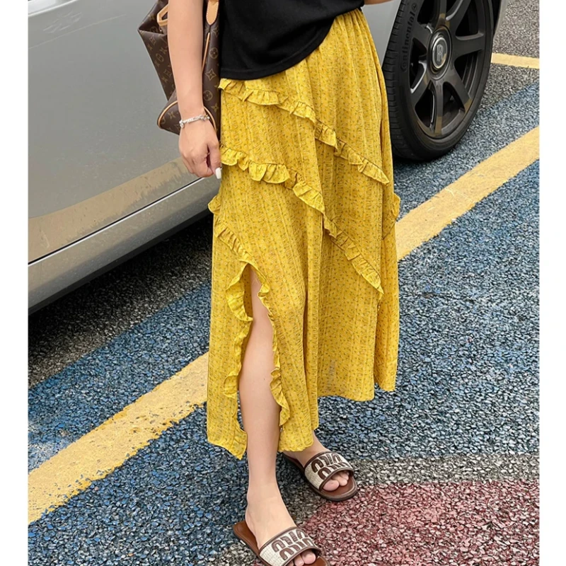 小个子2025夏新韩系拼接斜边半身裙高腰显瘦a字长裙1035