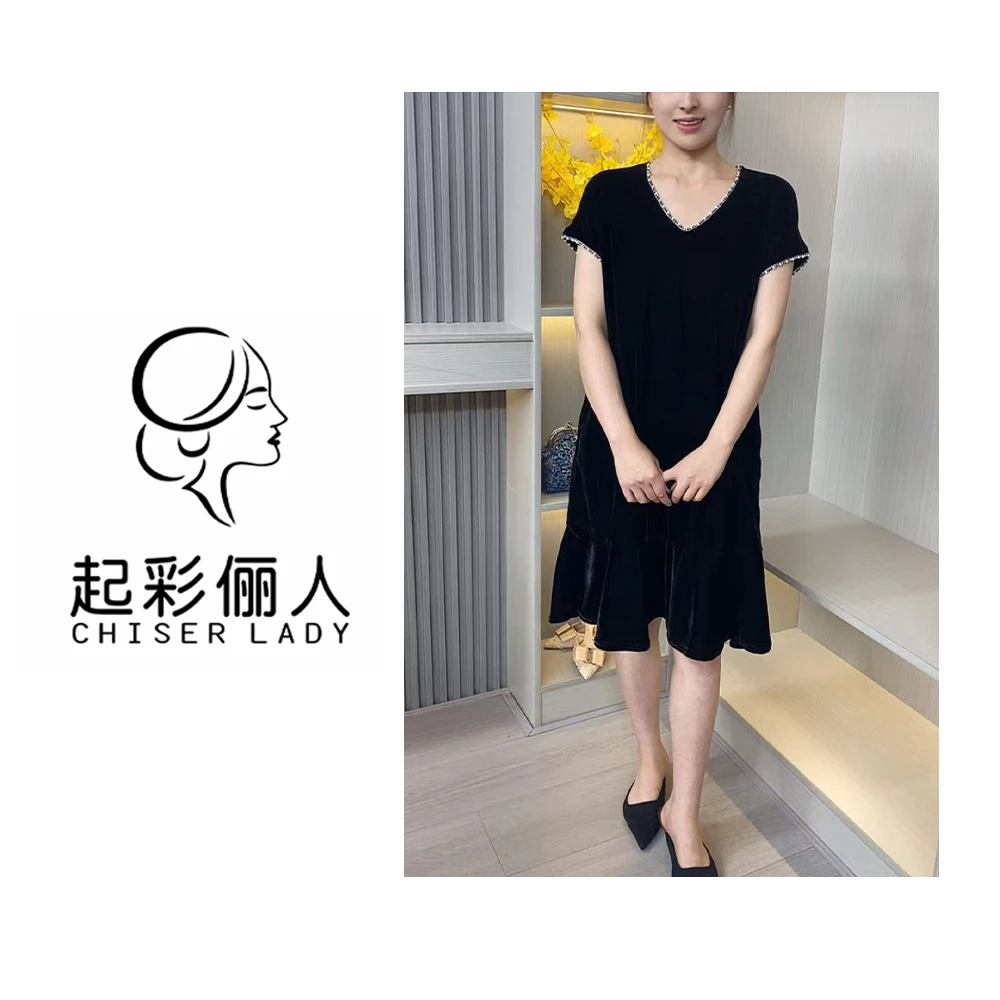 时尚气质串珠鱼尾款金丝绒连衣裙显瘦减龄女裙172