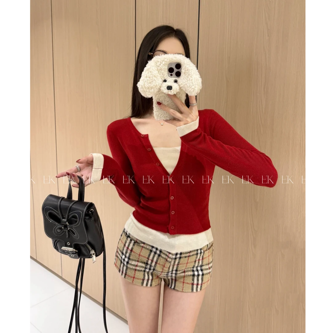 慵懒松弛感假两件针织衫女早秋新款休闲外穿撞色拼接辣妹上衣3053