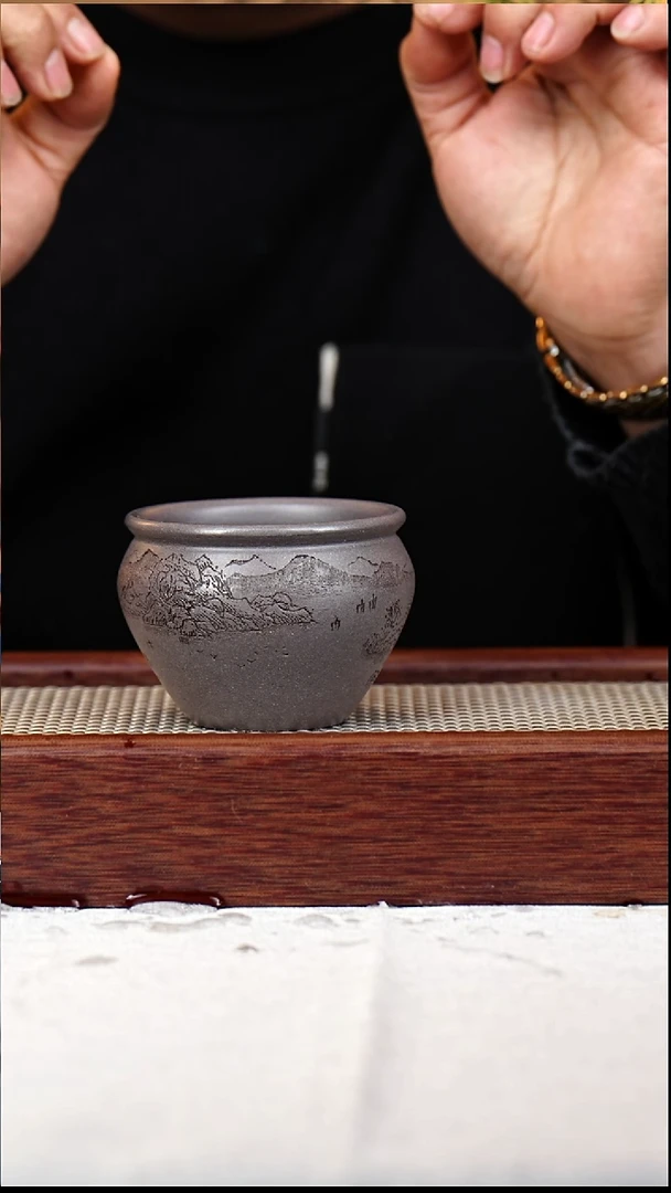 茶杯紫砂天青缸杯山水刻绘150CC-004