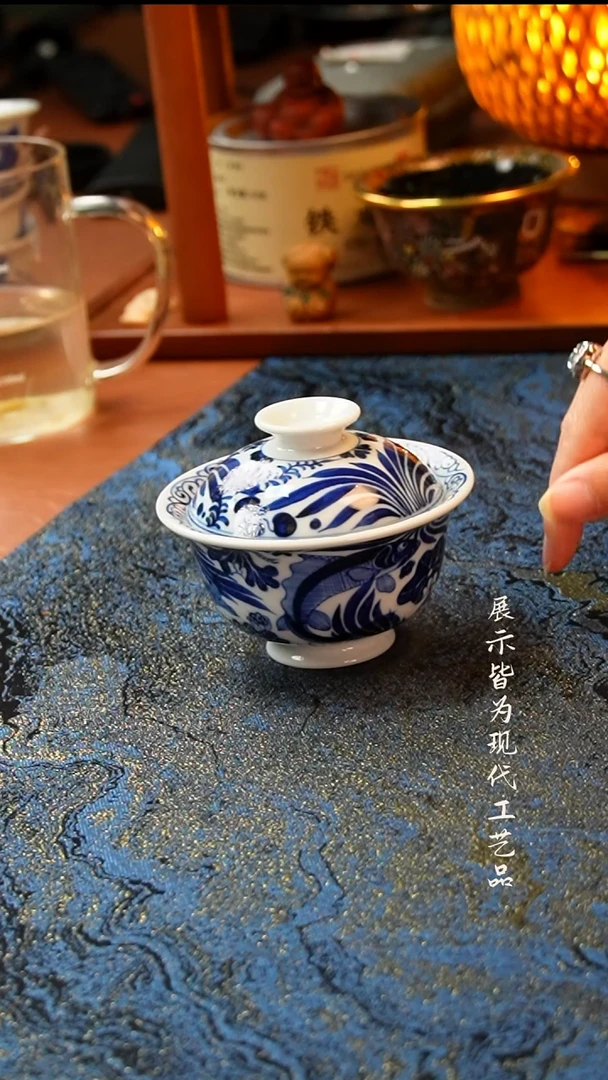 景德镇陶瓷元青花鱼藻盖碗