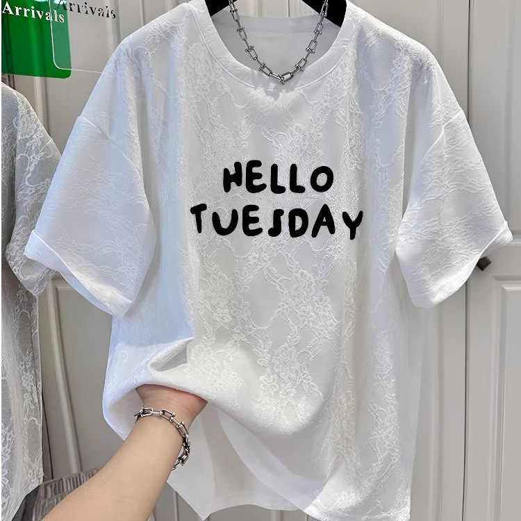 欧货爆款小个子拼接蕾丝短袖t恤女2025新款夏季胖妹妹设计感上衣