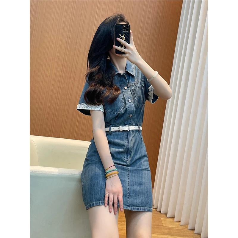 蕾丝拼接牛仔连衣裙女2025新款今年流行夏季复古气质时尚衬衫裙潮