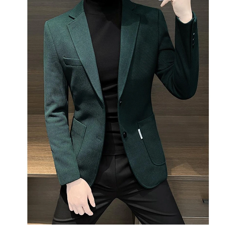 灏吉弧深绿色男士西装夹克2025新款春秋季修身商务休闲套装条纹