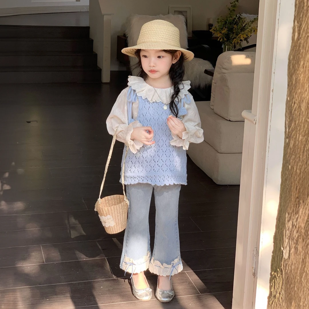 2025韩版套装春季新款女童钩花镂空针织马甲背心吊带洋气牛仔裤