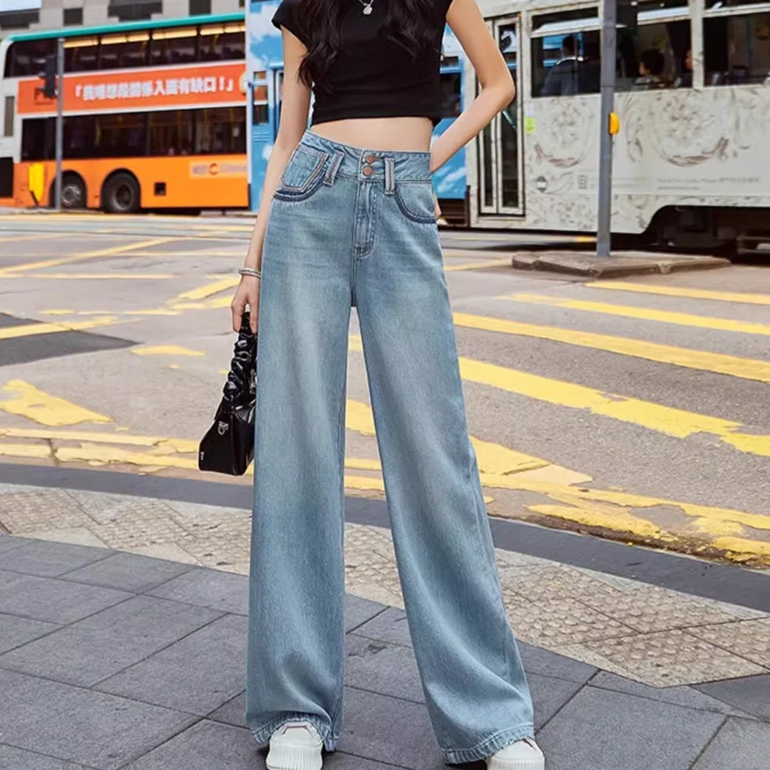 高腰天丝阔腿牛仔裤女直筒宽松显瘦2025夏季新款薄款高级垂坠长裤