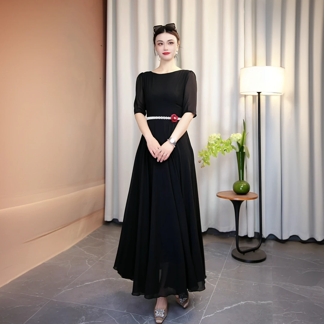 2025春夏新款黑色连衣裙中袖大摆裙长裙X678-14A