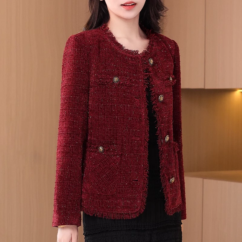 拉夏贝尔红色小香风外套女2025新款爆款春秋高级感贵夫人妈妈上衣