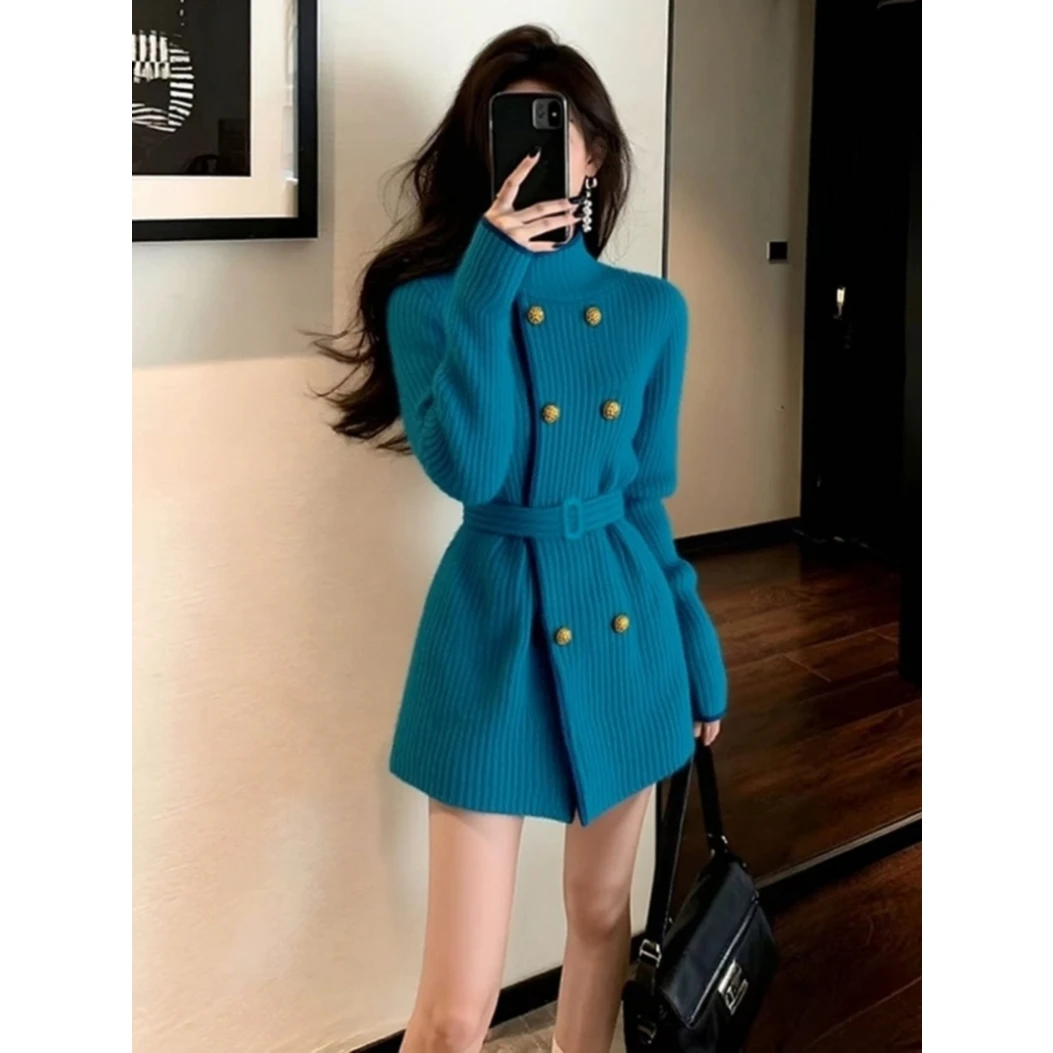 秋冬独特漂亮上衣高级小众不撞款时髦洋气韩系小香风蓝色针织外套