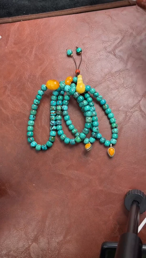 银S925镀金镶嵌绿松石项链噶玛珠宝 9-10mm 108珠