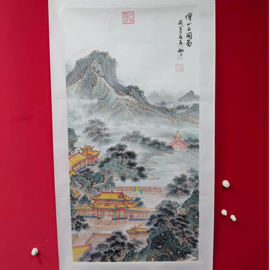 李新社手绘宣纸四尺竖幅仙山玉阁--山水画