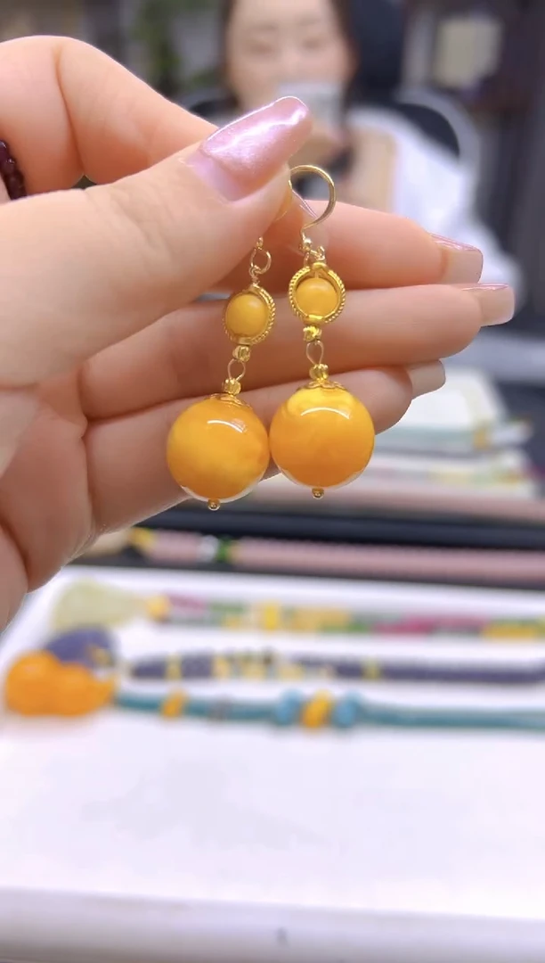 14K金镶嵌蜜蜡耳饰DIY款E496