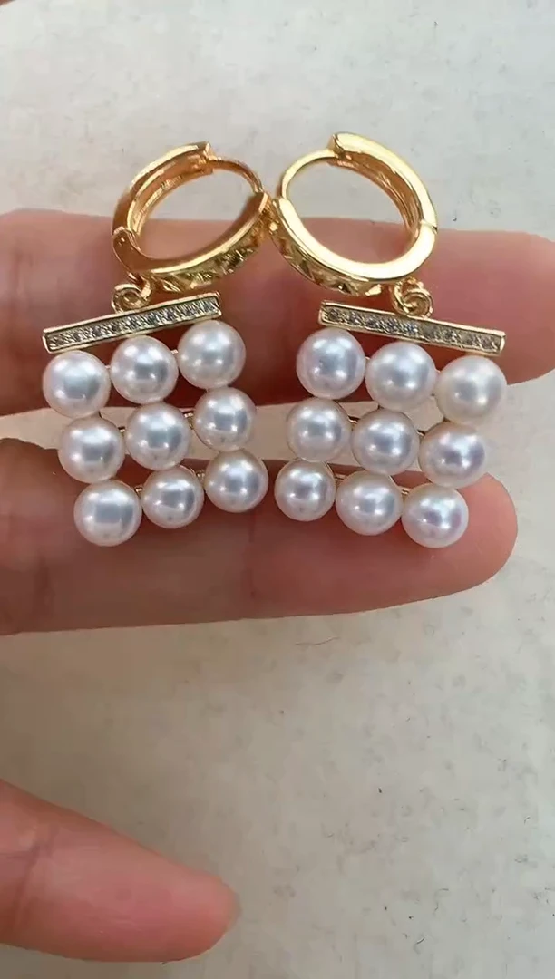 【闪购商品】淡水珍珠耳饰合金棋盘耳扣金色