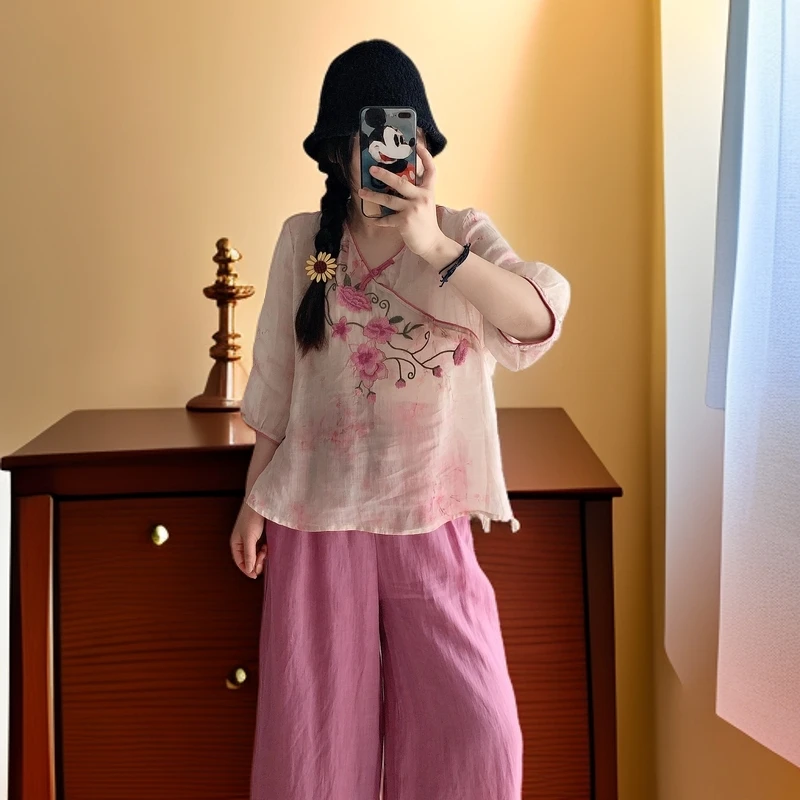 夏季新款苎麻上衣韩版亚麻小衫女装妈妈装复古中老年衬衫集合麻衣