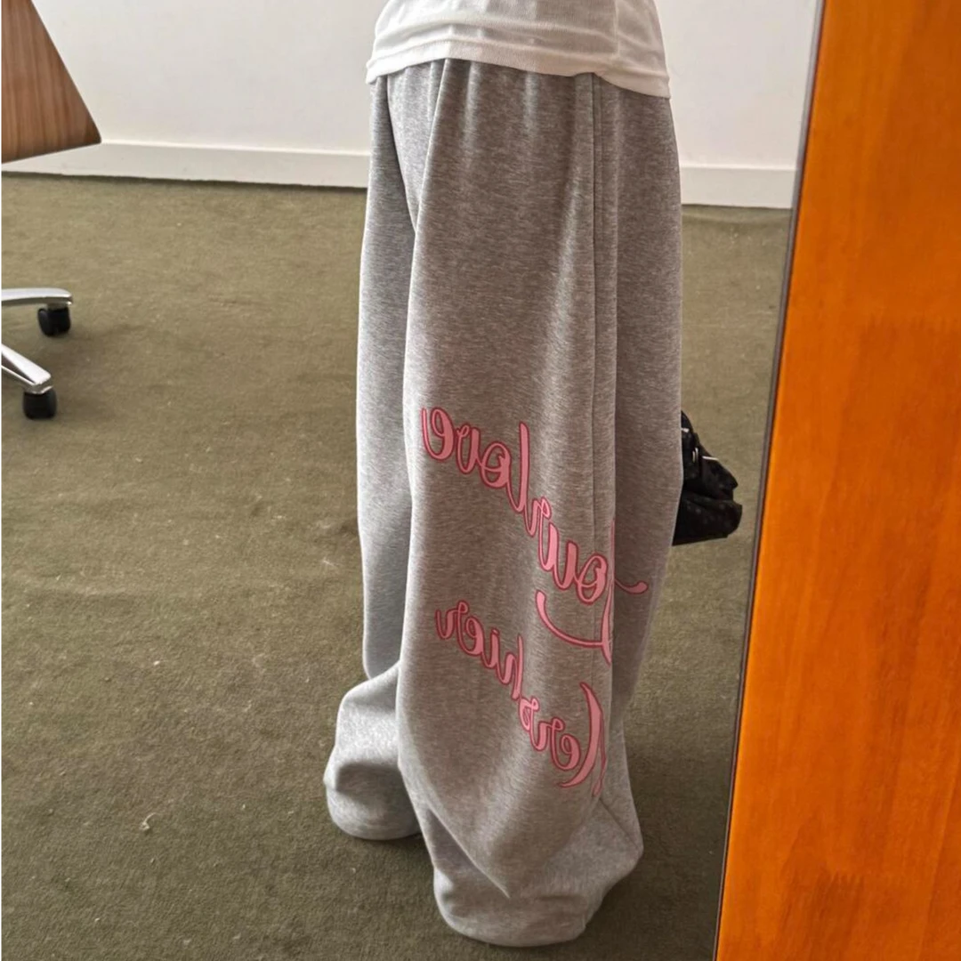 垂感直筒百搭美式慵懒风字母印花阔腿休闲裤女款春秋宽松运动卫裤