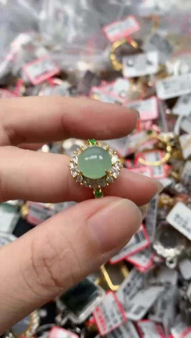 翡翠戒指银S925镶嵌天然缅甸翡翠