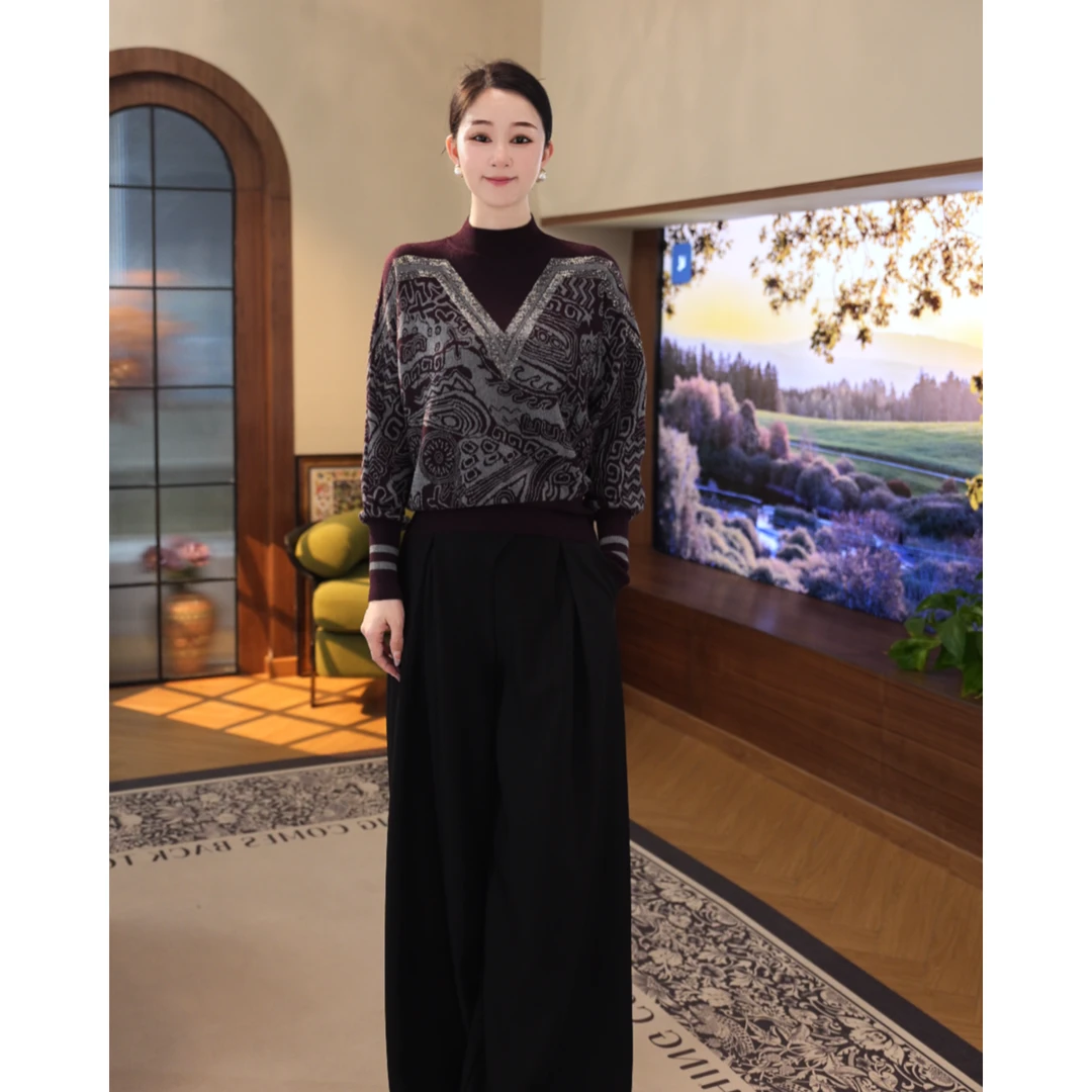 2025秋冬新款【ZM-1015PY】含绵羊毛灰紫色提花设计长袖针织衫毛衣