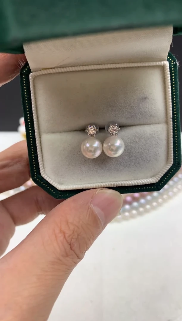 银S925镶嵌ff海水珍珠akoya白珠耳饰8~9mm