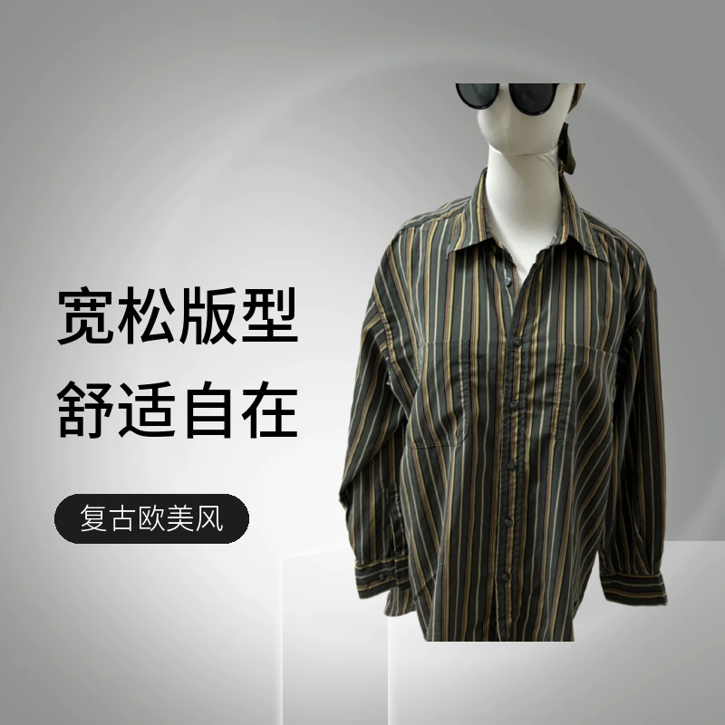 日制中古休闲长袖衬衣宽松衬衫春秋款复古欧美风