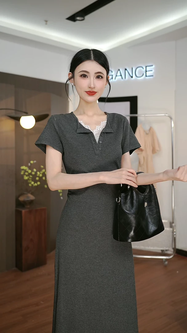 法式气质假两件蕾丝拼接修身显瘦设计感小个子连衣裙 6271