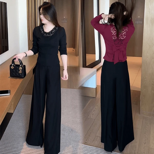 轻熟风时尚套装女2025秋季新款纯色蕾丝拼接长袖高腰阔腿裤两件套