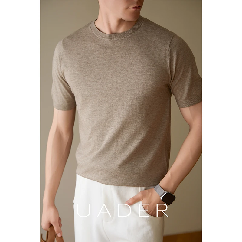 UADER男装26春秋新款纯色含羊毛针织衫高级感短袖T恤男士休闲打底