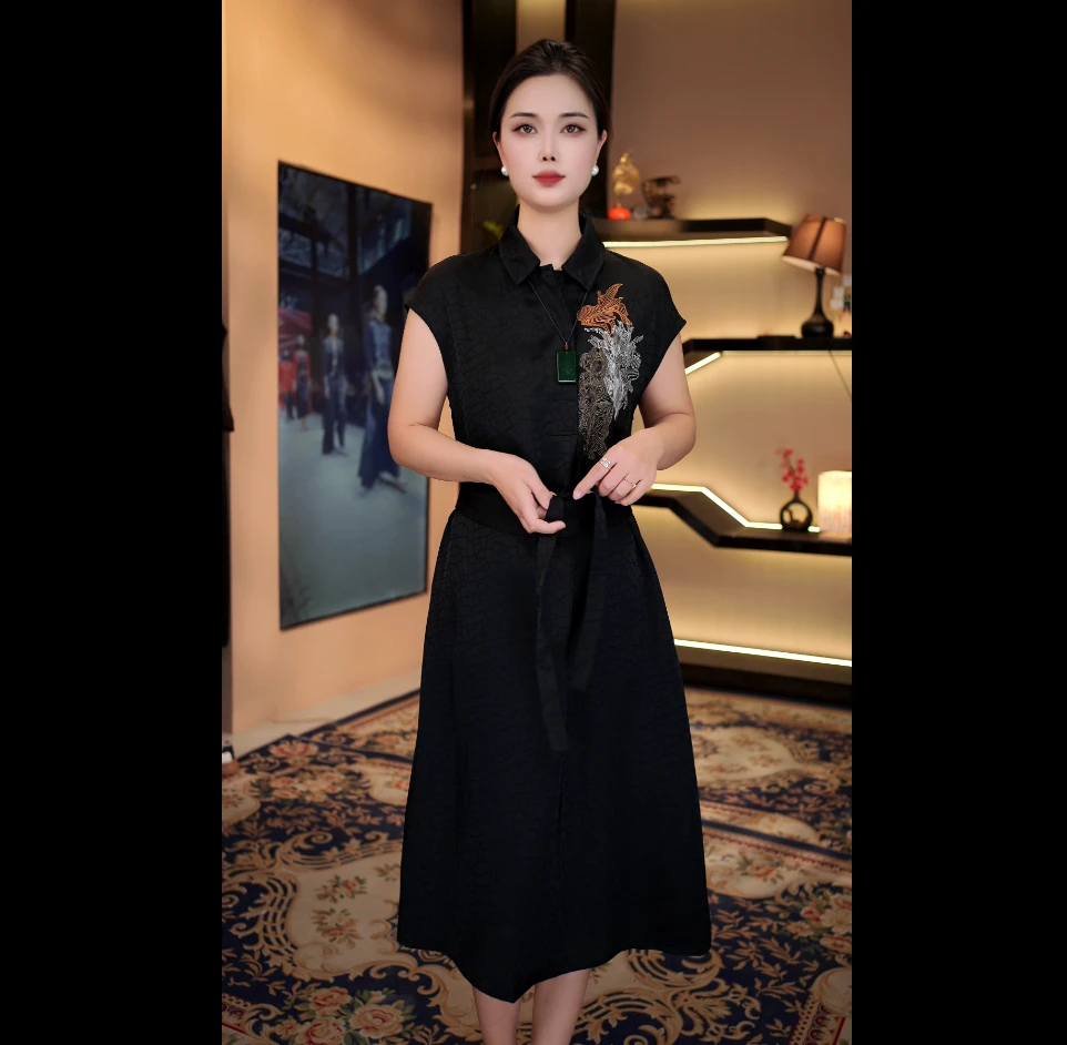 【一见倾城】中国风龟裂纹衬衫领重工刺绣夏季长款品质女装连衣裙