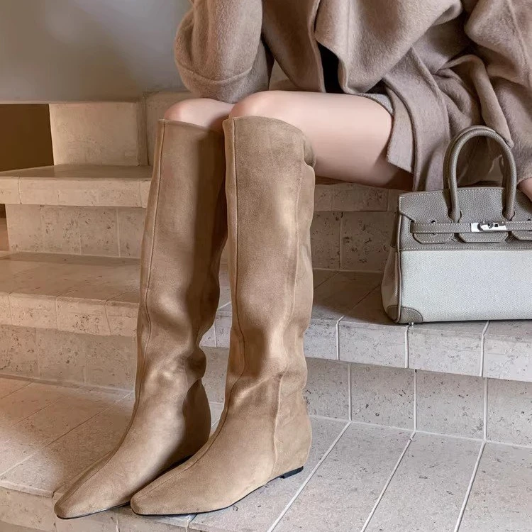 绝美！卡其绒面褶皱堆堆靴高筒骑士靴大筒围长筒靴女秋冬靴子长靴