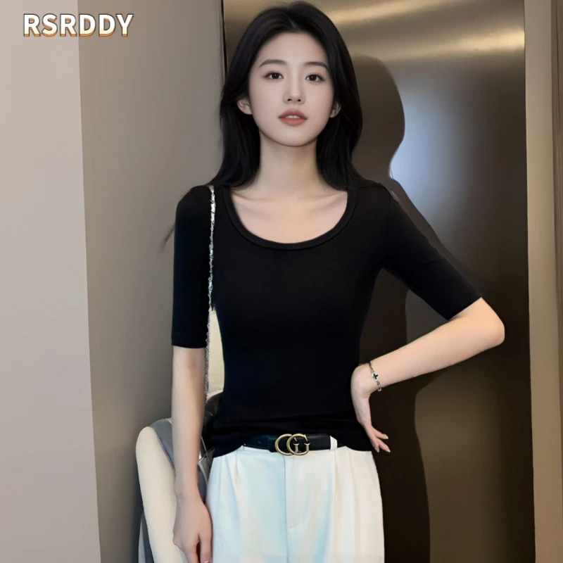 RSRDDY韩式圆领中袖t恤女2025春夏半袖打底衫黑色五分袖时尚上衣