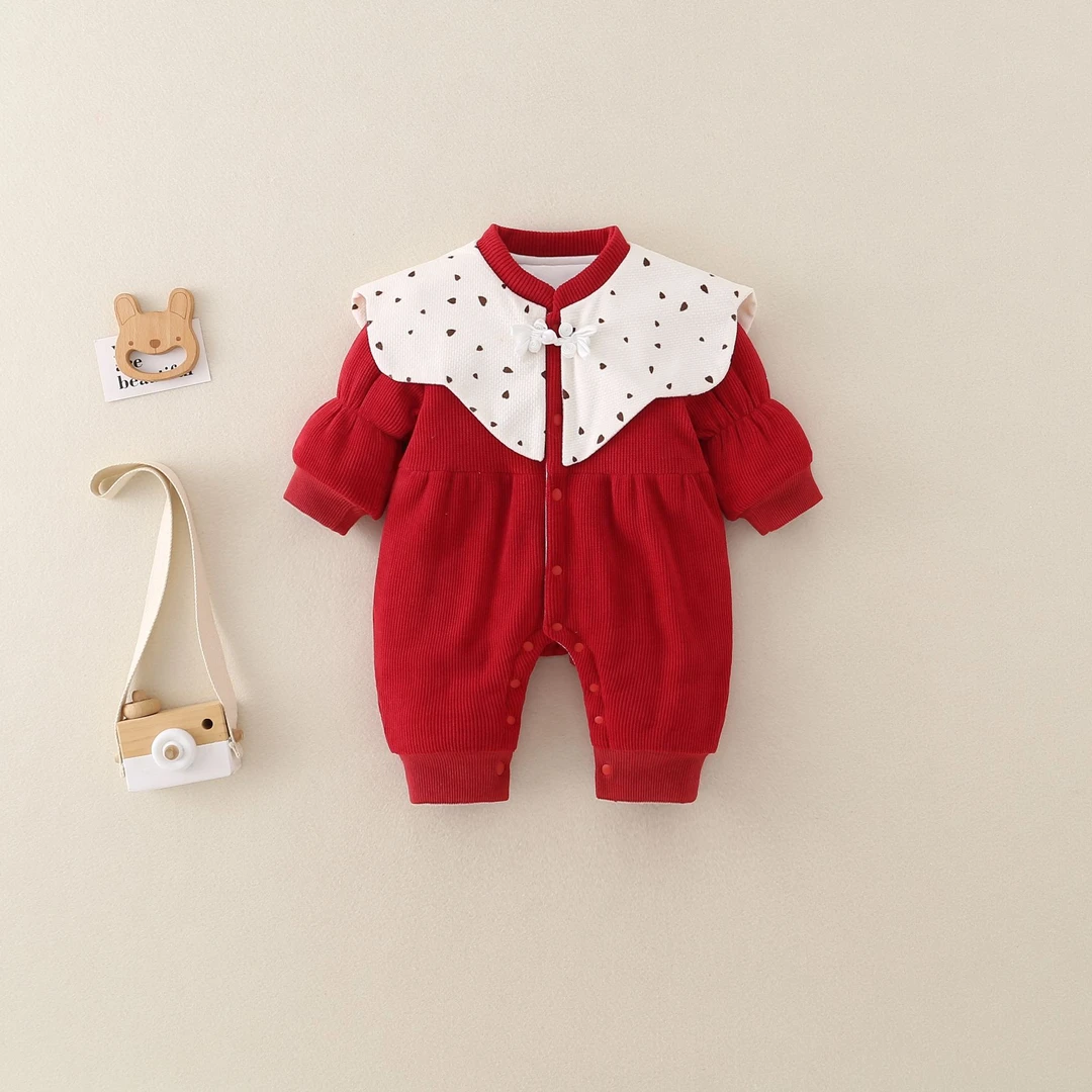 婴儿过年加棉冬装女宝宝连体衣汉服拜年服百天周岁抓周礼服爬爬服