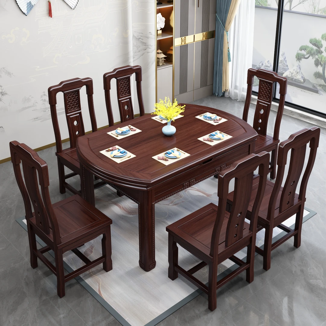 榫卯全实木餐桌椅新中式可伸缩方圆两用南美檀木餐桌家用吃饭桌子