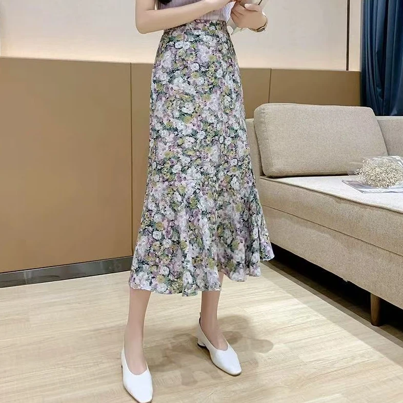 （同款黄色，以直播间实物为准）碎花雪纺鱼尾半身裙子女夏B18-7