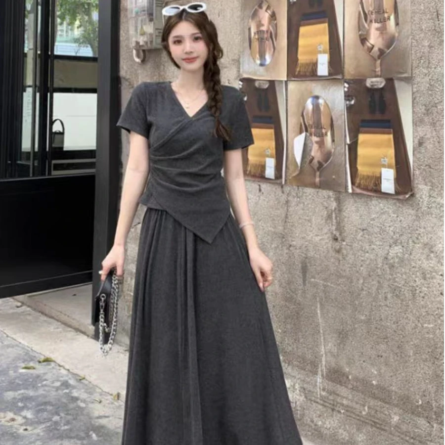 V领不规则上衣半身裙两件套女夏季大码休闲气质高级显瘦套装1739