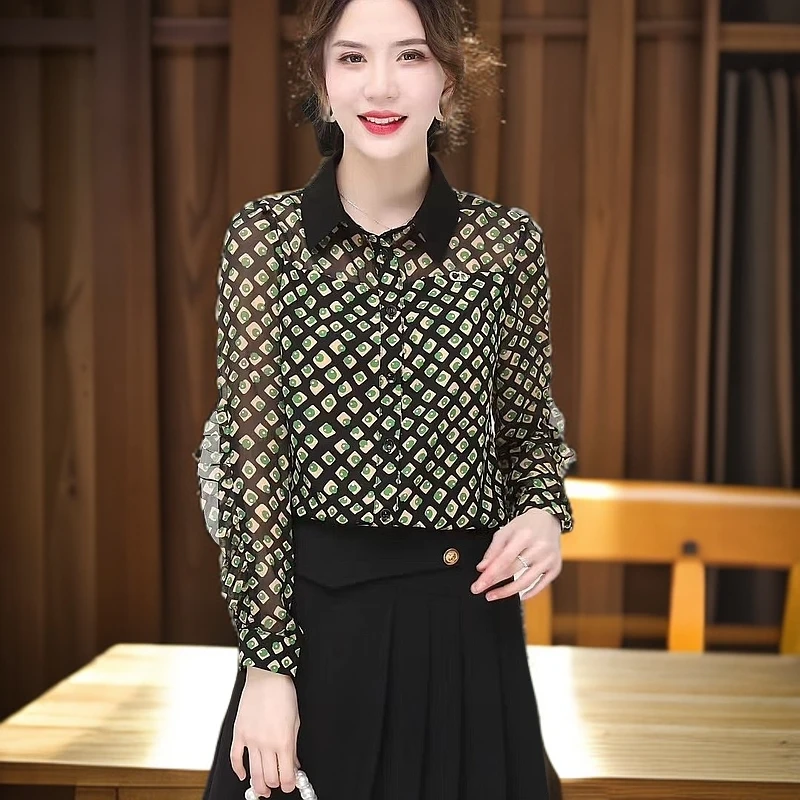 春季新品漂亮时尚雪纺衫大码宽松遮肚衬衣设计感洋气上衣翻领