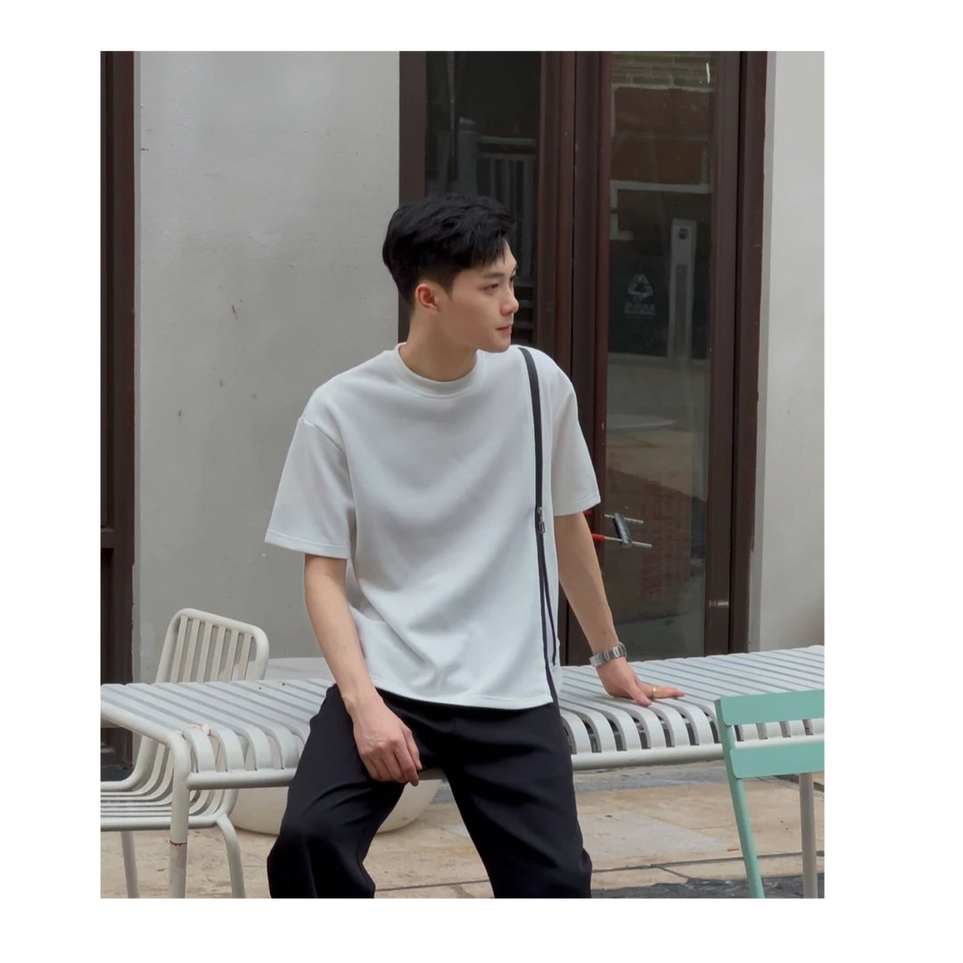 【花开男装】夏季新款美式拉链解构设计感短袖简约宽松百搭圆领T恤