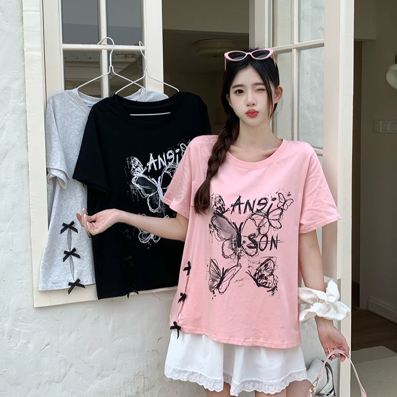 【运费补贴】夏款胖mm大码女小众印花蝴蝶宽松慵懒短袖T恤A1363