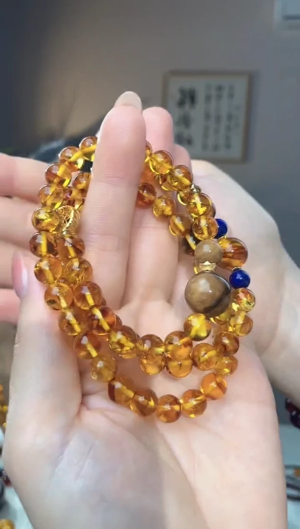 裸石琥珀未镶嵌8+ 三圈花珀设计款手串