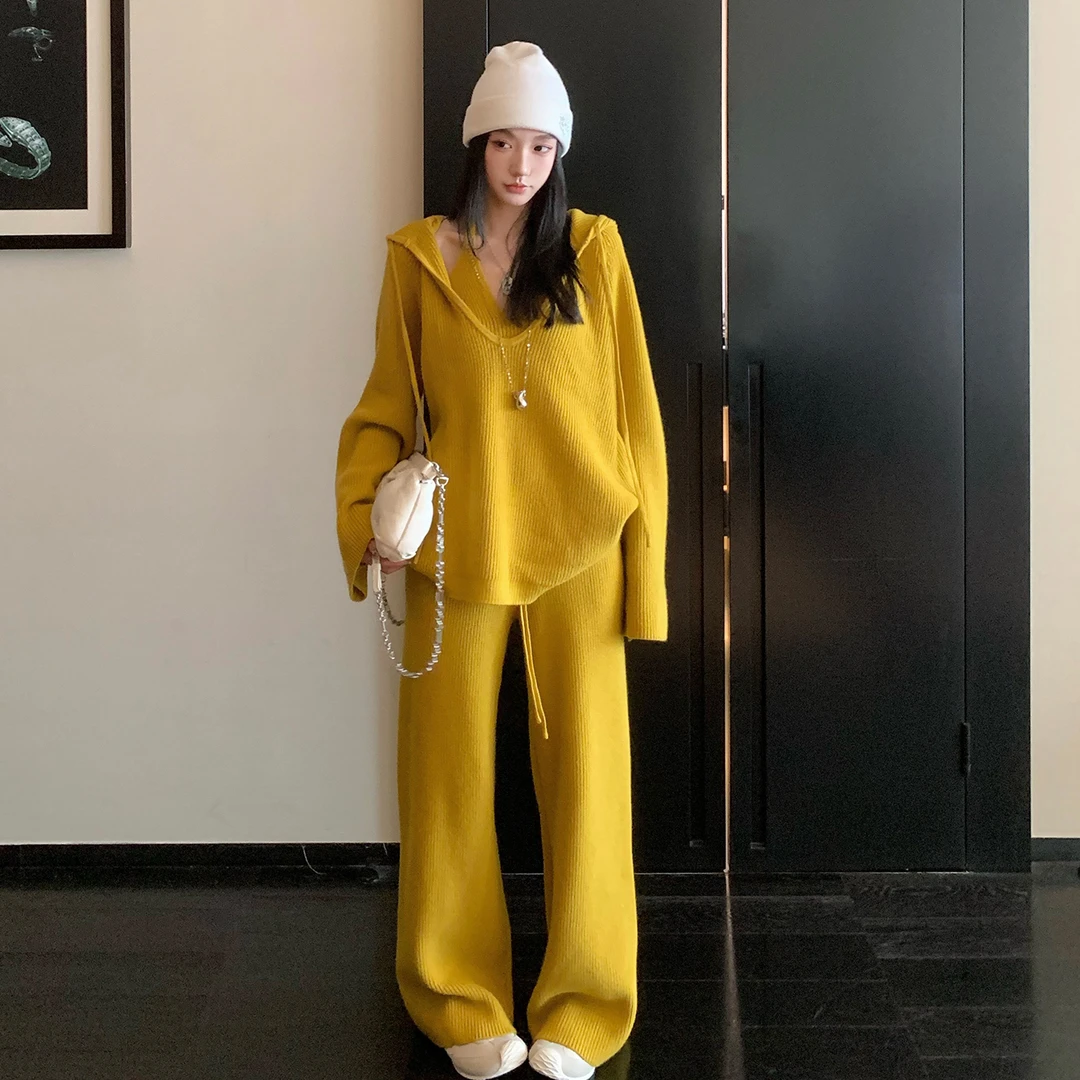 纯欲风连帽针织衫背心裤子三件套宽松慵懒风毛衣外套长袖时尚套装