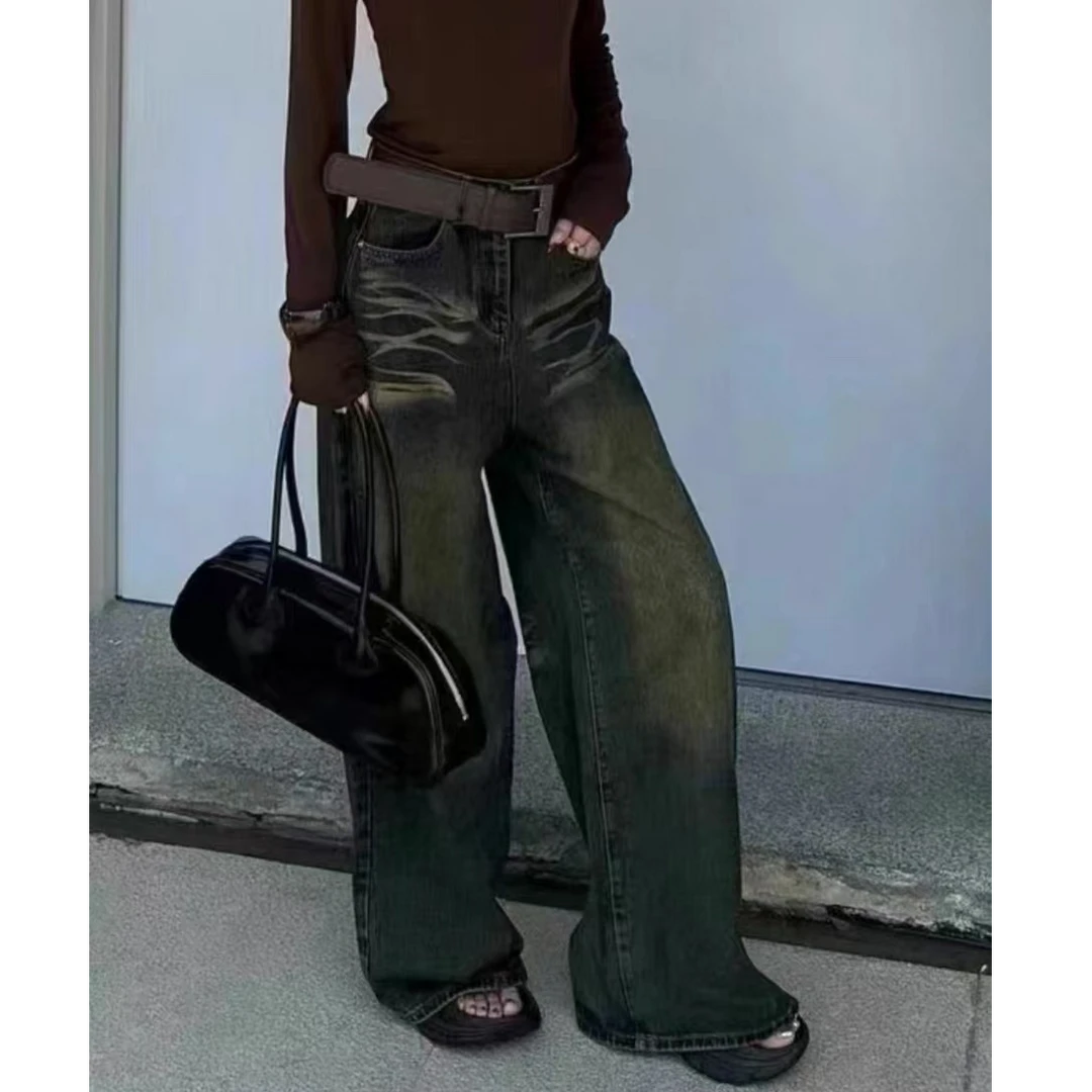 g169 秋冬新款设计感复古百搭水阔腿牛仔裤宽松拖地直筒长裤女
