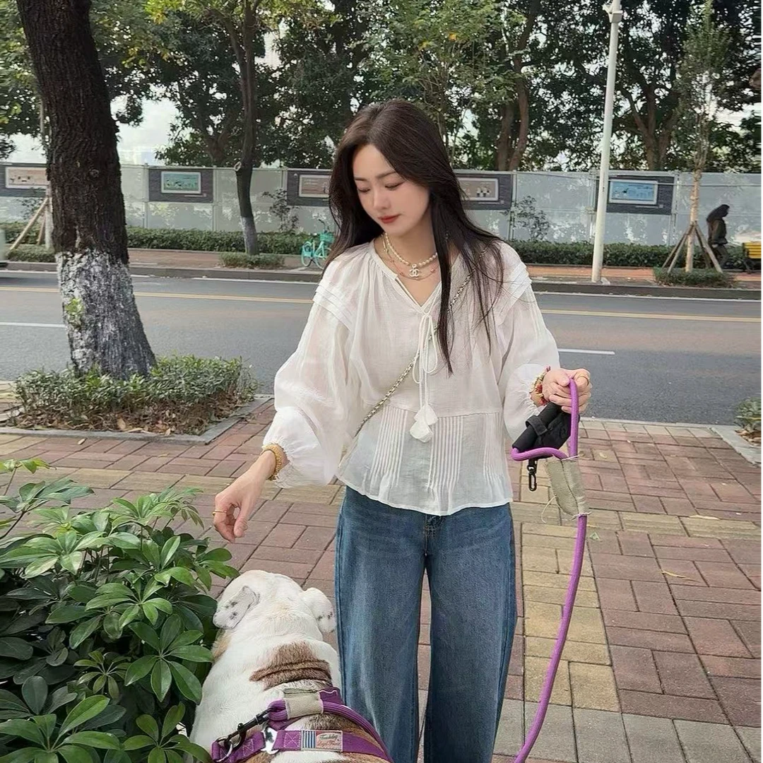 多压褶流苏绑带泡袖衬衫