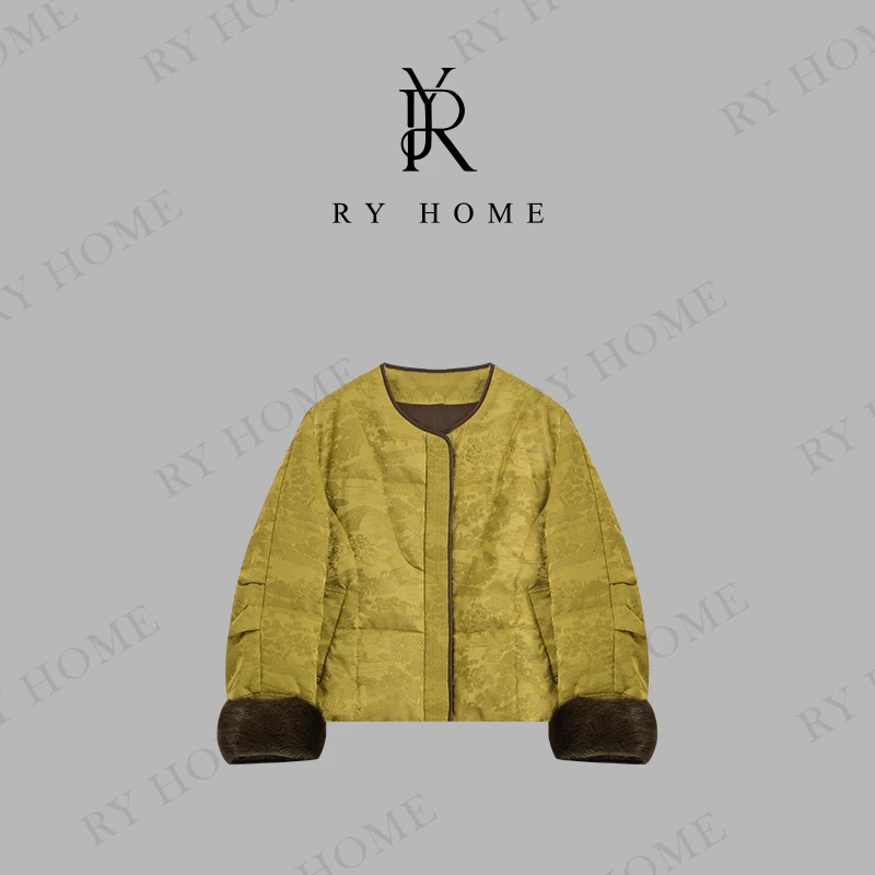 【容雨RYHOME】90鹅绒~提花春水绉缎镶水貂袖短款鹅绒服244YF1308