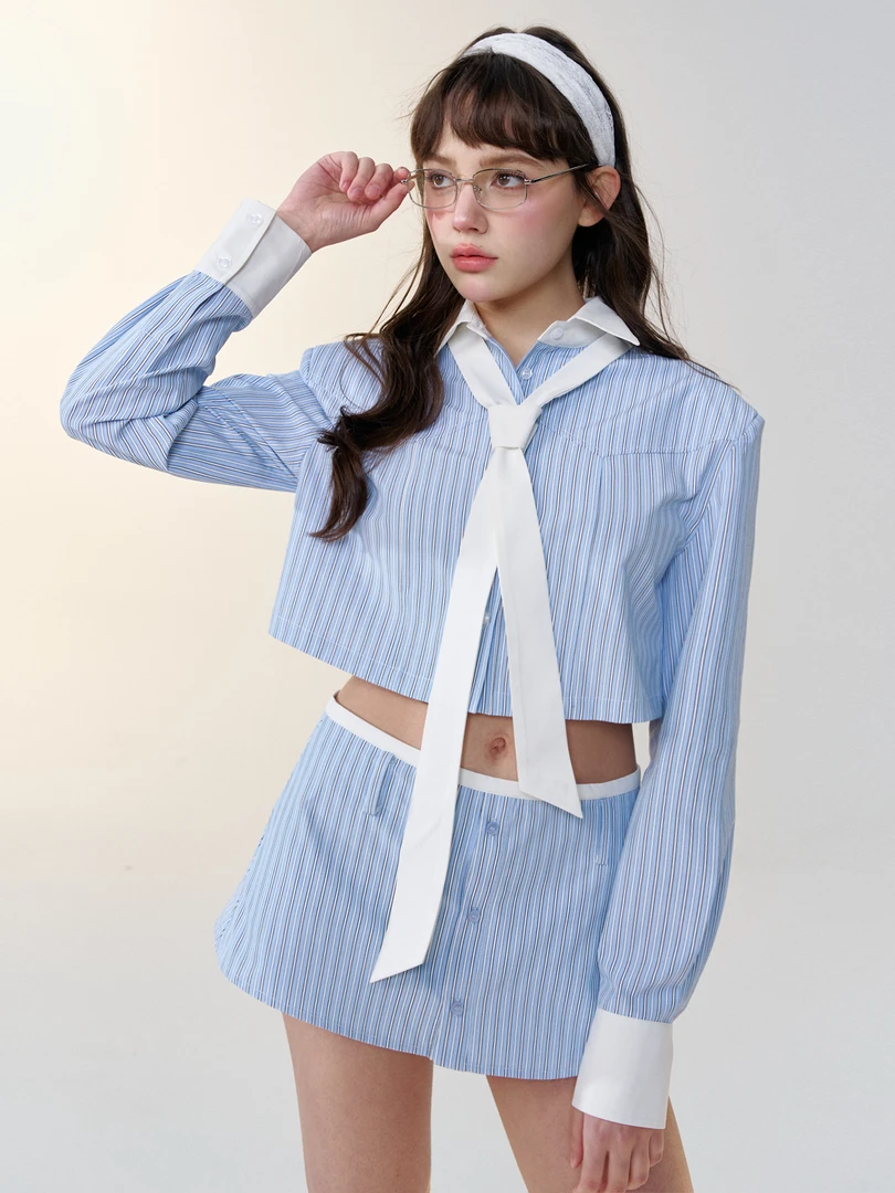SOURGRAPE葡萄不太酸 韩系蓝白条纹拼色长袖a字短裙衬衫套装春夏