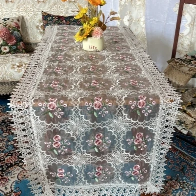 ZN040-74丝光线【60*220】白底粉梅花刺绣高织高密玻璃砂桌茶几布